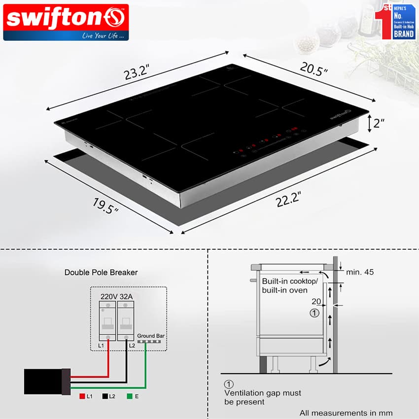SWIFTON 60cm Four 4 Induction Built in Hob Cooktop Ceramic Glass, Child lock, Timer, SN-412FH 7