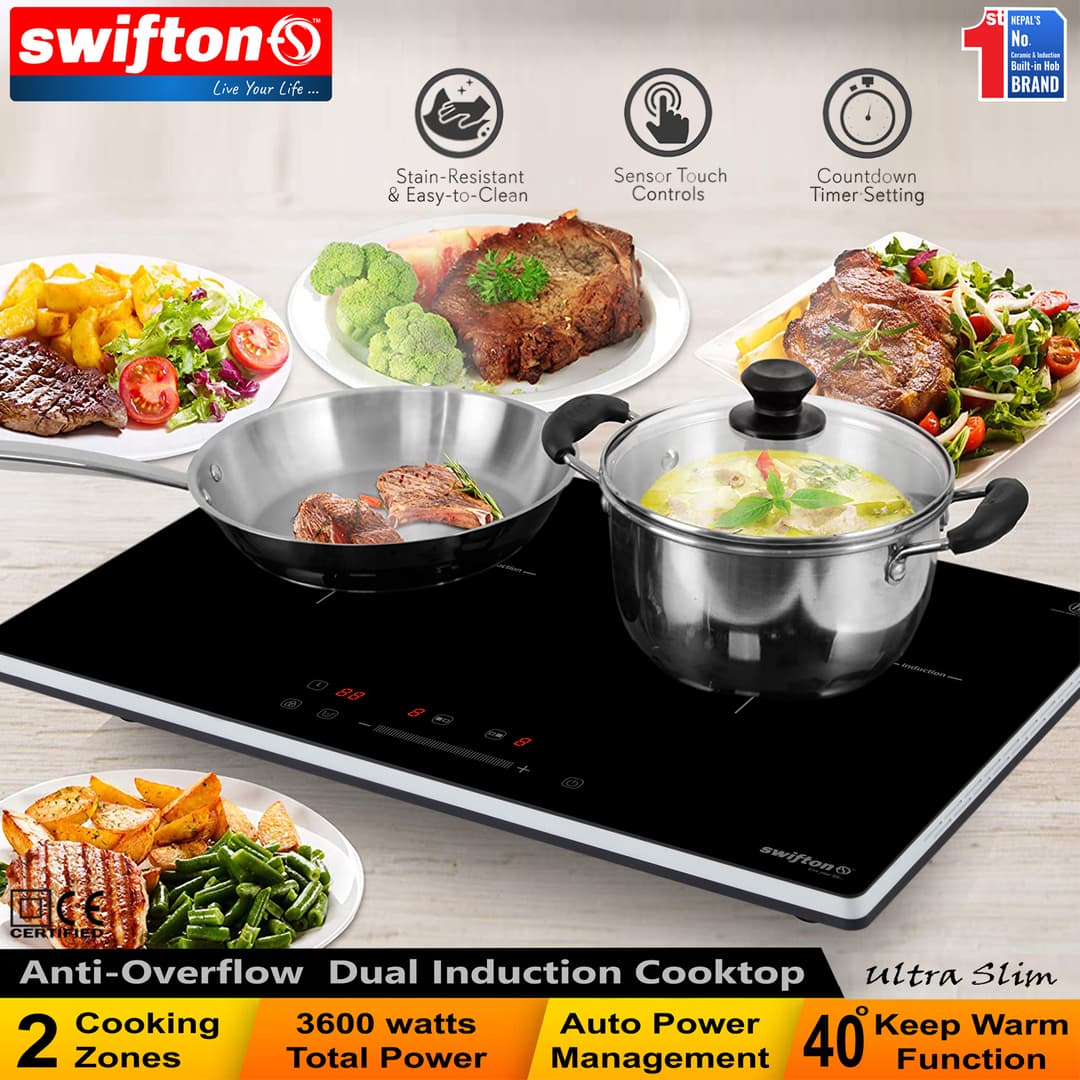 Swifton Double 2 Induction Cooktop Anti Overflow Protection 9 Cooking Power level Keep Warm Child Lock Timer SN-i20DH 1