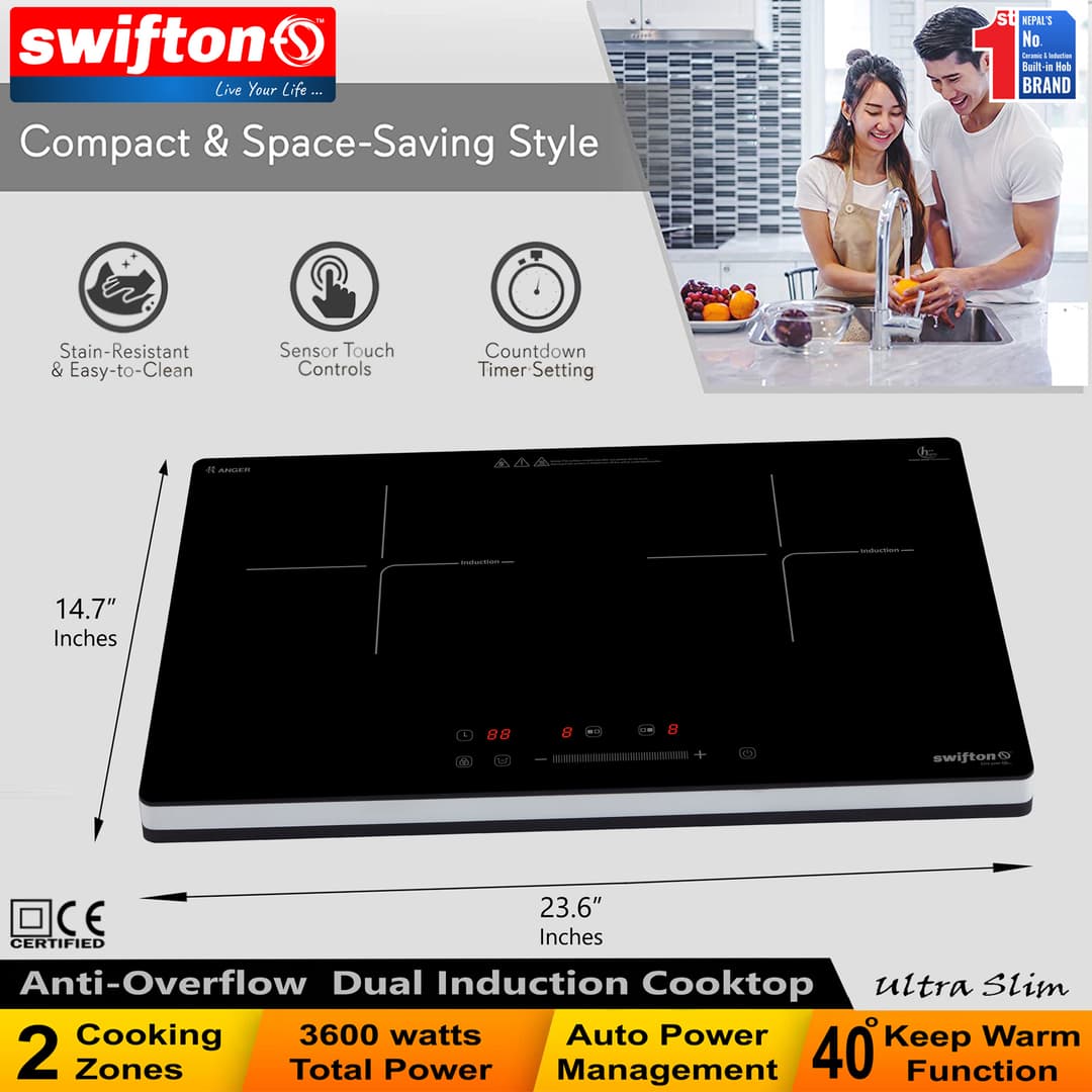Swifton Double 2 Induction Cooktop Anti Overflow Protection 9 Cooking Power level Keep Warm Child Lock Timer SN-i20DH 3