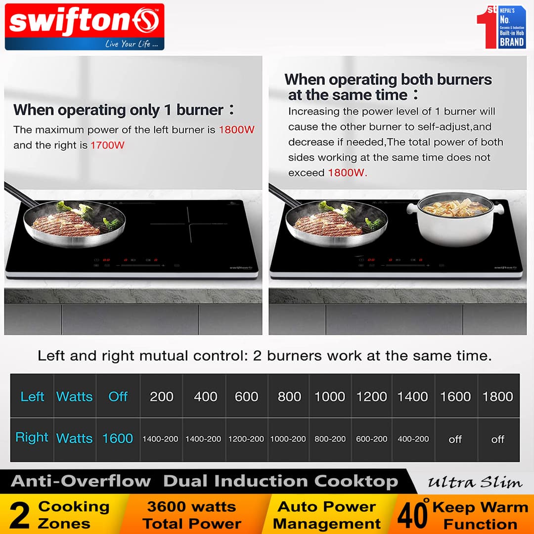 Swifton Double 2 Induction Cooktop Anti Overflow Protection 9 Cooking Power level Keep Warm Child Lock Timer SN-i20DH 6