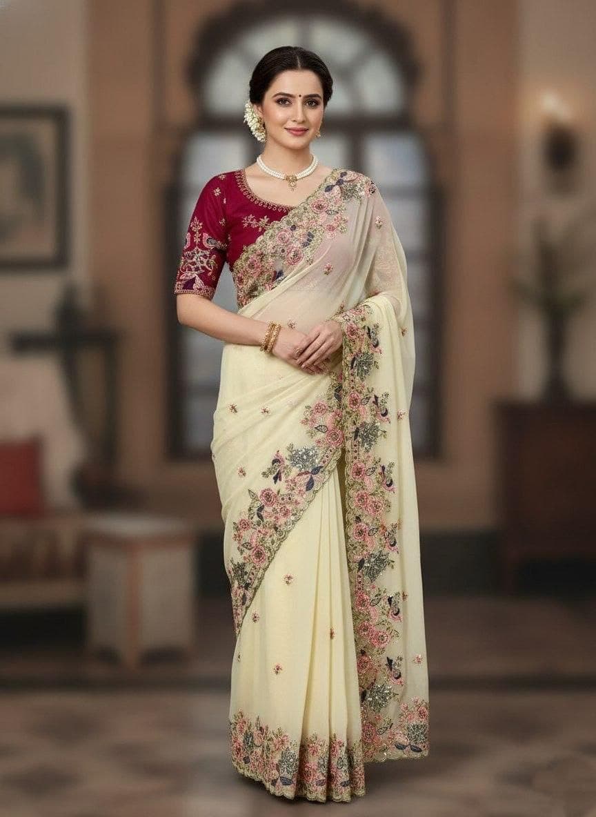 Floral Embroidered Poly Georgette Heavy Work Saree 7