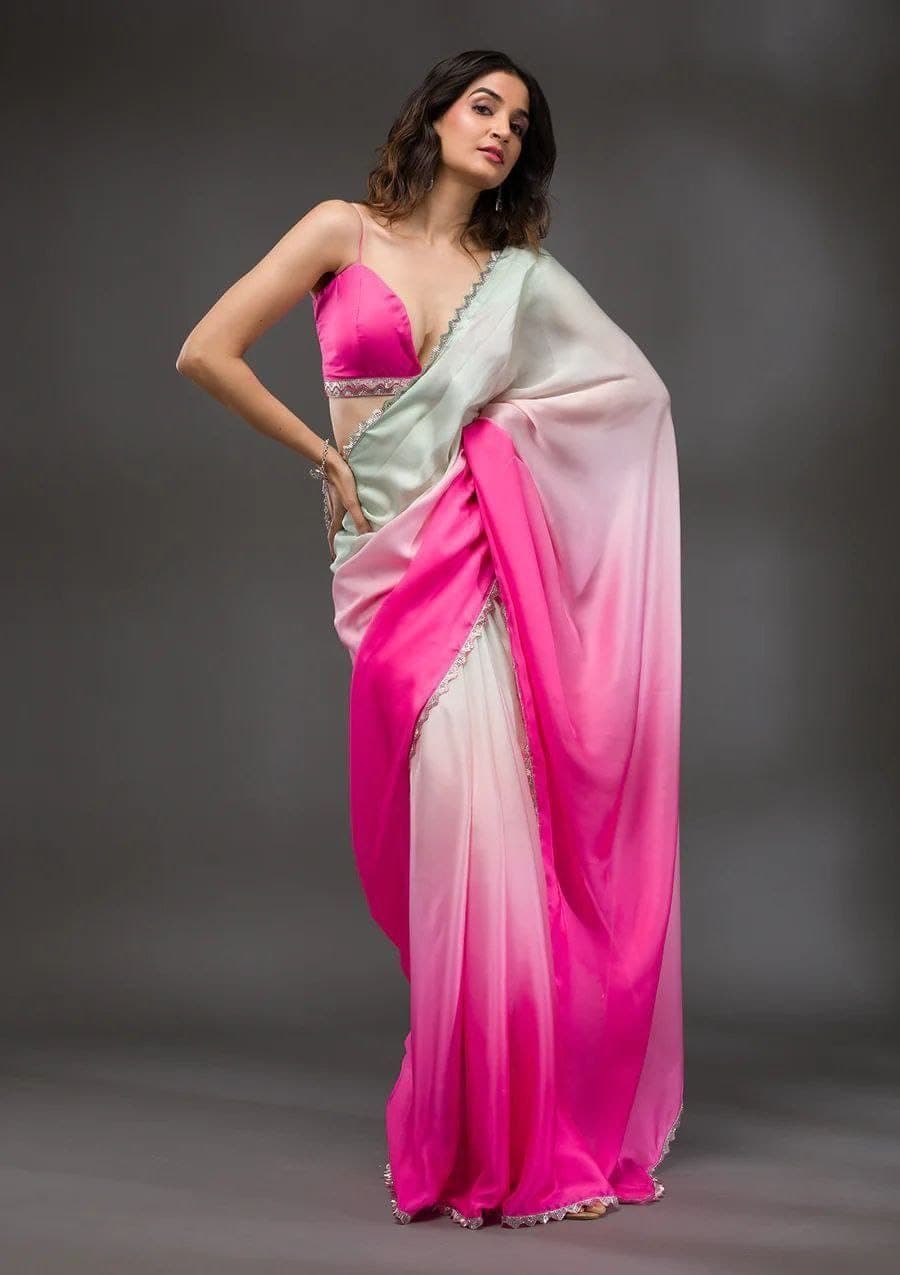 Elegant Ombre Chiffon Saree, White to Pink Gradient, Lace Border Detail, For Party, Traditional Indian Dress 1