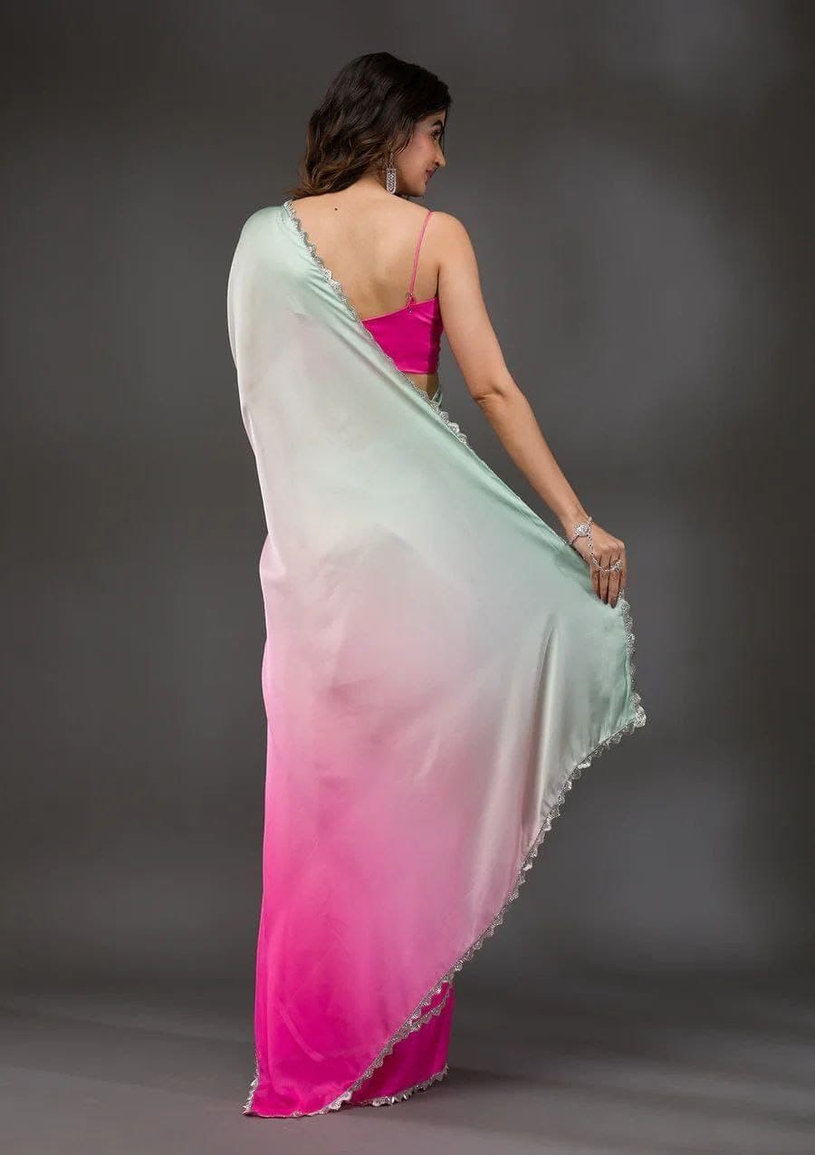 Elegant Ombre Chiffon Saree, White to Pink Gradient, Lace Border Detail, For Party, Traditional Indian Dress 2
