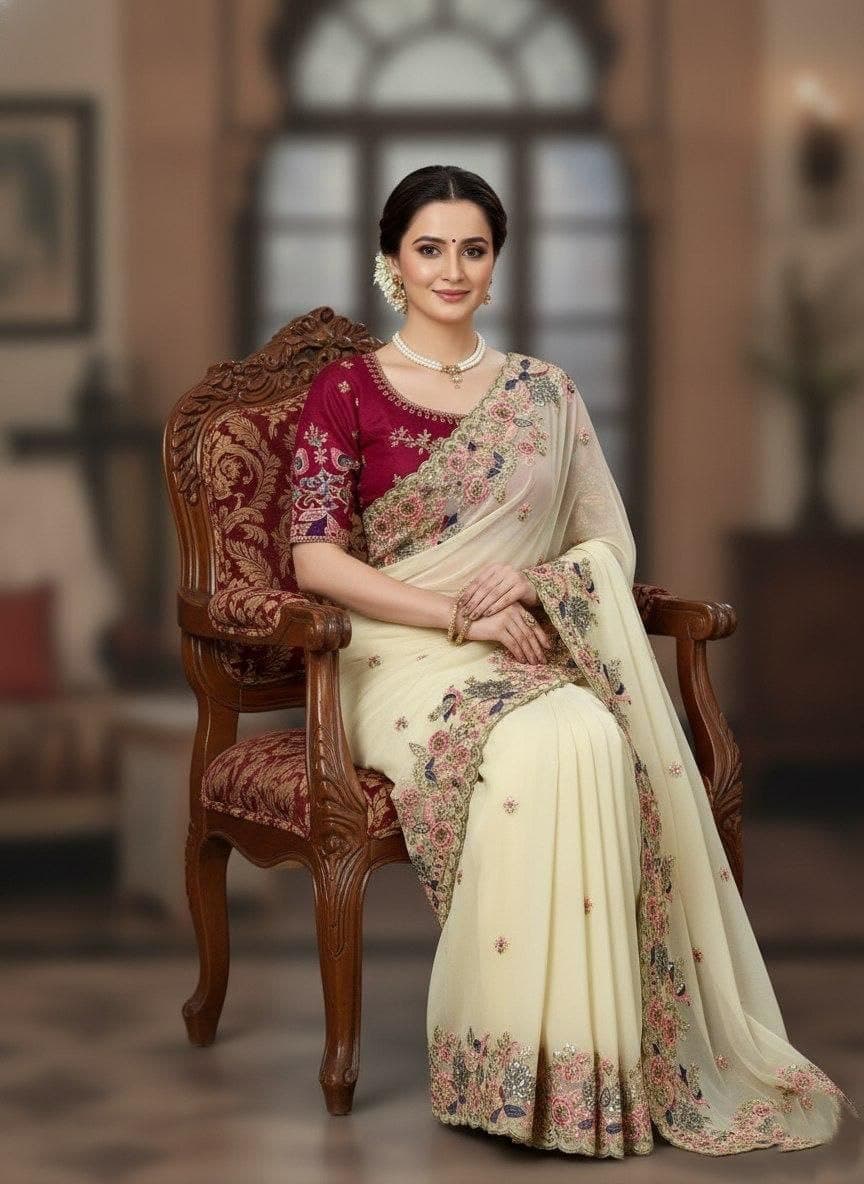 Floral Embroidered Poly Georgette Heavy Work Saree 4