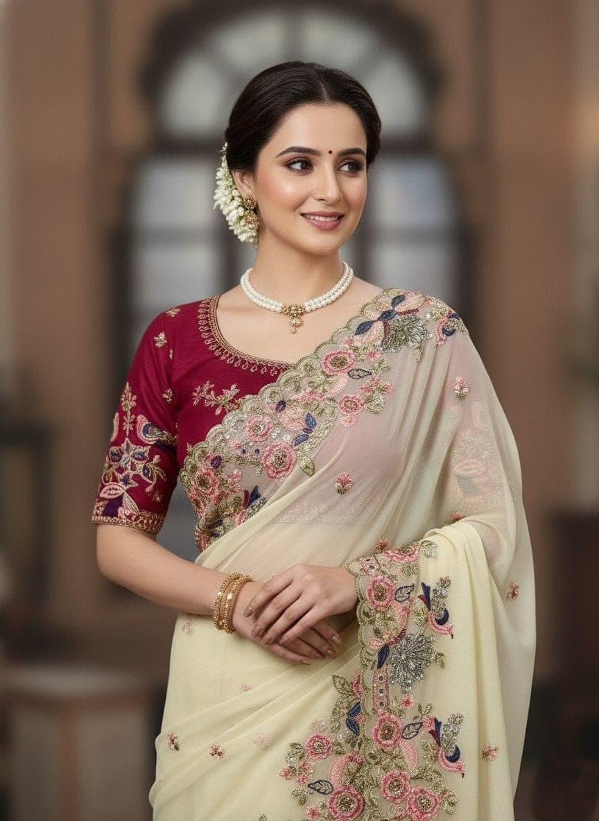 Floral Embroidered Poly Georgette Heavy Work Saree 3