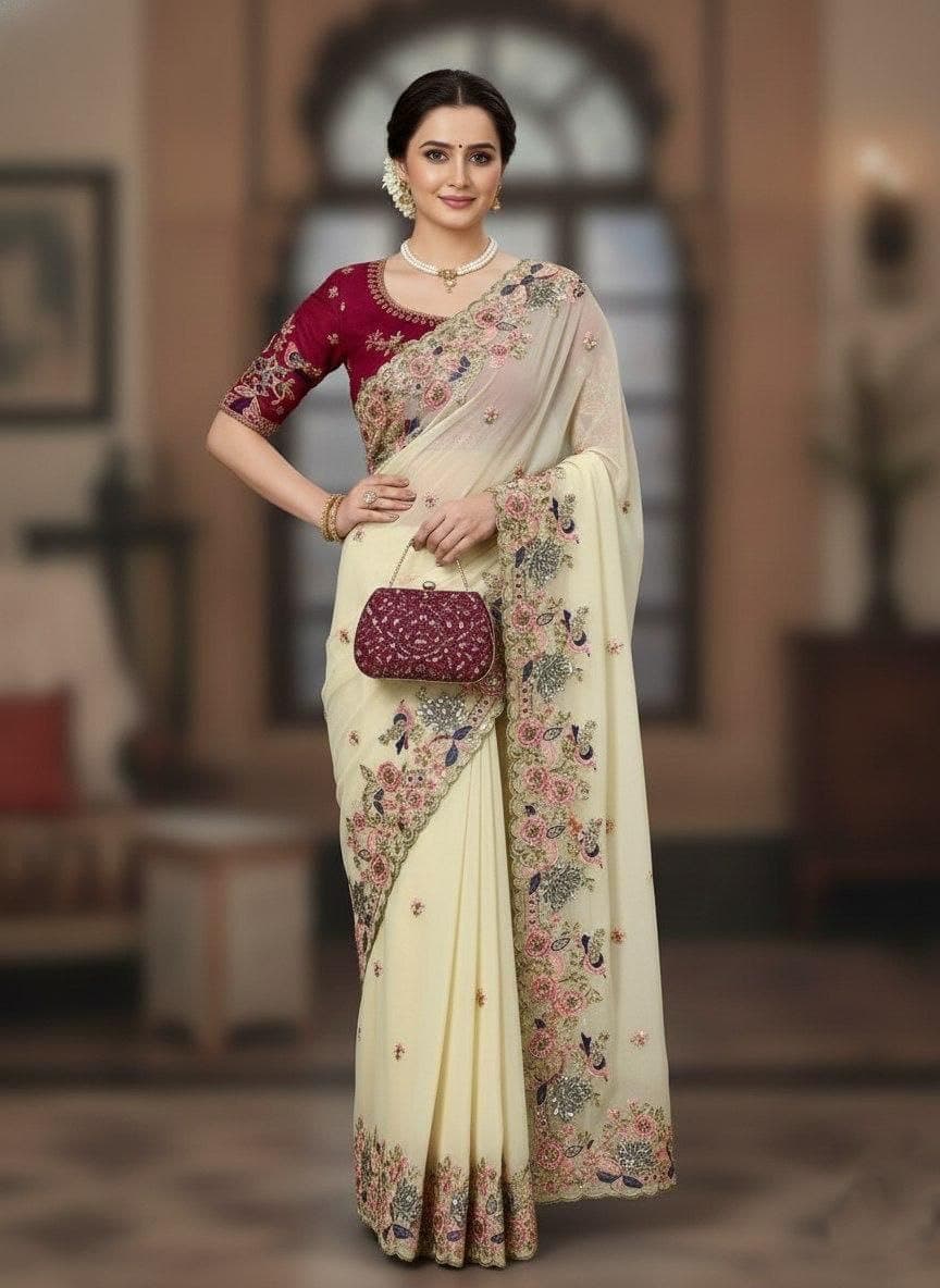 Floral Embroidered Poly Georgette Heavy Work Saree 2