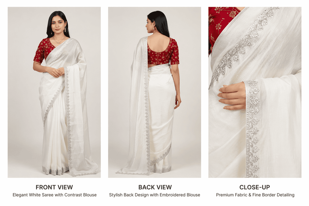 Elegant Silver Blue Georgette Saree with Sequin Work & Designer Blouse White 4