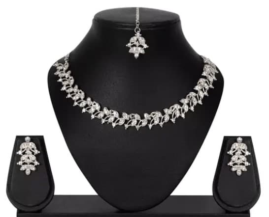 White Silver Jewellary Sets, for women, Necklace + maagtika, and Earring 1
