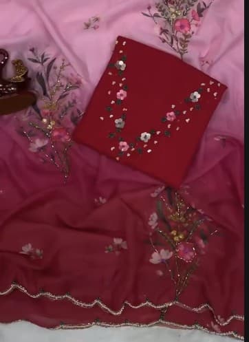 Pink Embroidered Georgette Saree Set ,Pink Embroidered Georgette Saree Set 1