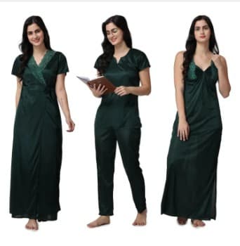 Silk Bridal Nightgown Set Stylish Fancy Bridal Nighty Set For Women Free Size Army Green Color