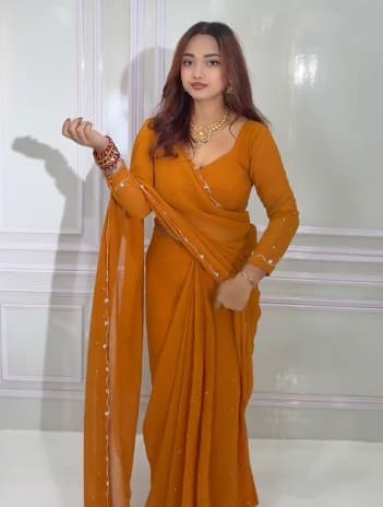 Pratha wear Mustrid Pink saree Set with Blose , New design 