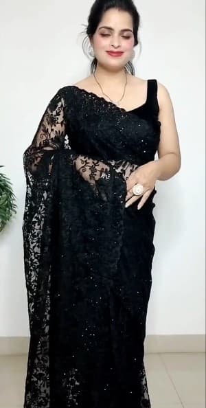 Black Saree Black Self Design Bollywood Net Saree with Blouse 3