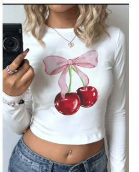 Bow Cherry Printed Full Sleeve Crop Top T-shirt