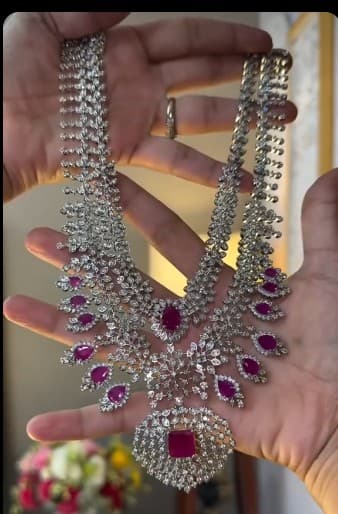 2 layer silver plated Ad necklace set with pink stone 2
