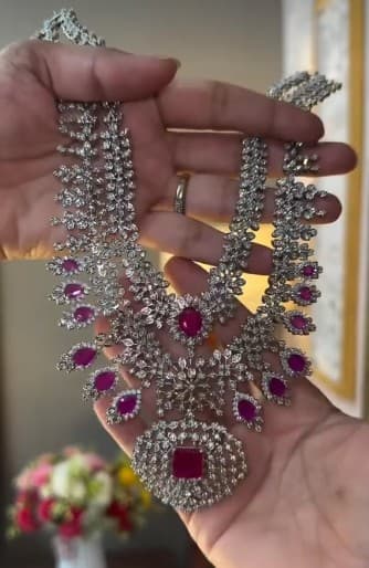 2 layer silver plated Ad necklace set with pink stone