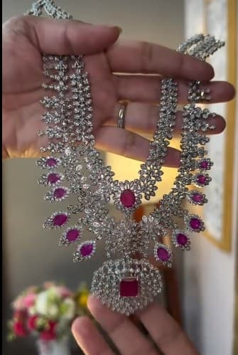 2 layer silver plated Ad necklace set with pink stone 1
