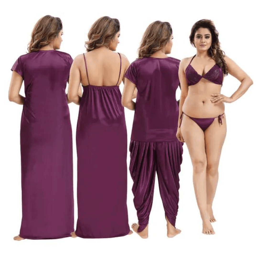 Silk Bridal Nightgown Dhoti Set Stylish Fancy Bridal Nighty Set For Women Free Size Purple Color 2