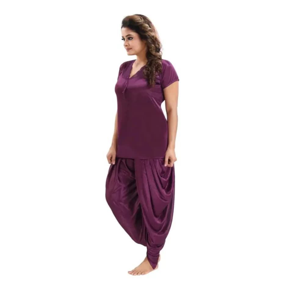 Silk Bridal Nightgown Dhoti Set Stylish Fancy Bridal Nighty Set For Women Free Size Purple Color 5