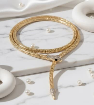 Silver Gleam Atelier Snake Necklace with Rhinestone Crystal Accents, Gold Chain, Black Enamel Eyes, Snake Choker Necklace 3