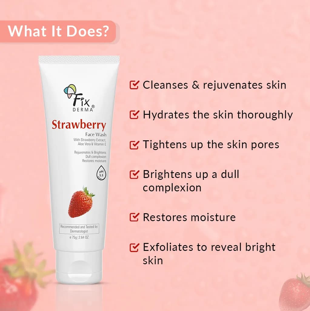 Fixderma Strawberry Facewash , Balances Oil , Cleanses , Tightens Pores And Hydrates , Brightening For Healthy , Glowing Skin 60 G 2