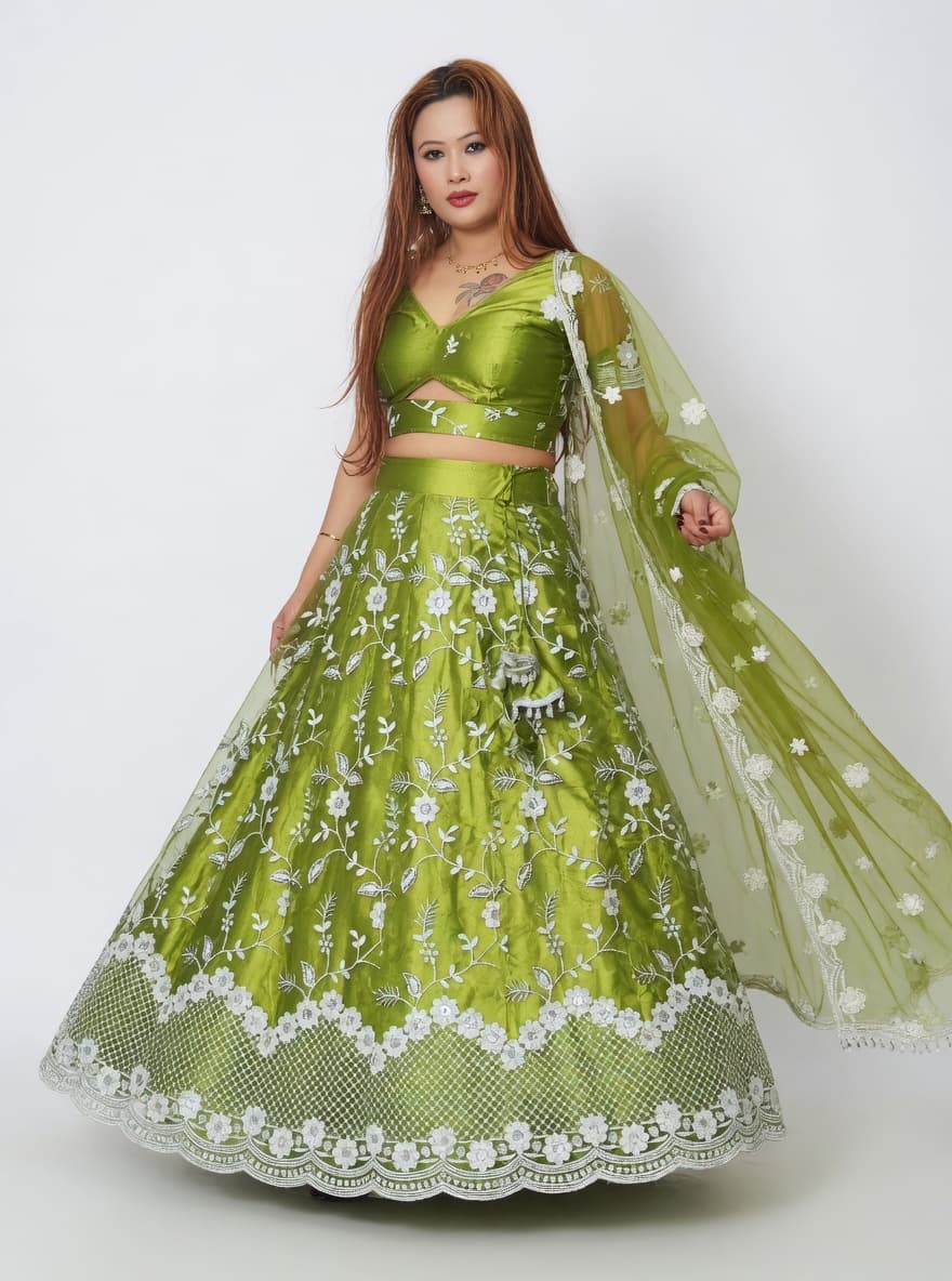 Green Embroidered Lehenga Choli with Dupatta for Women | Party Wear Lehenga Set | Festive & Wedding Lehenga 7