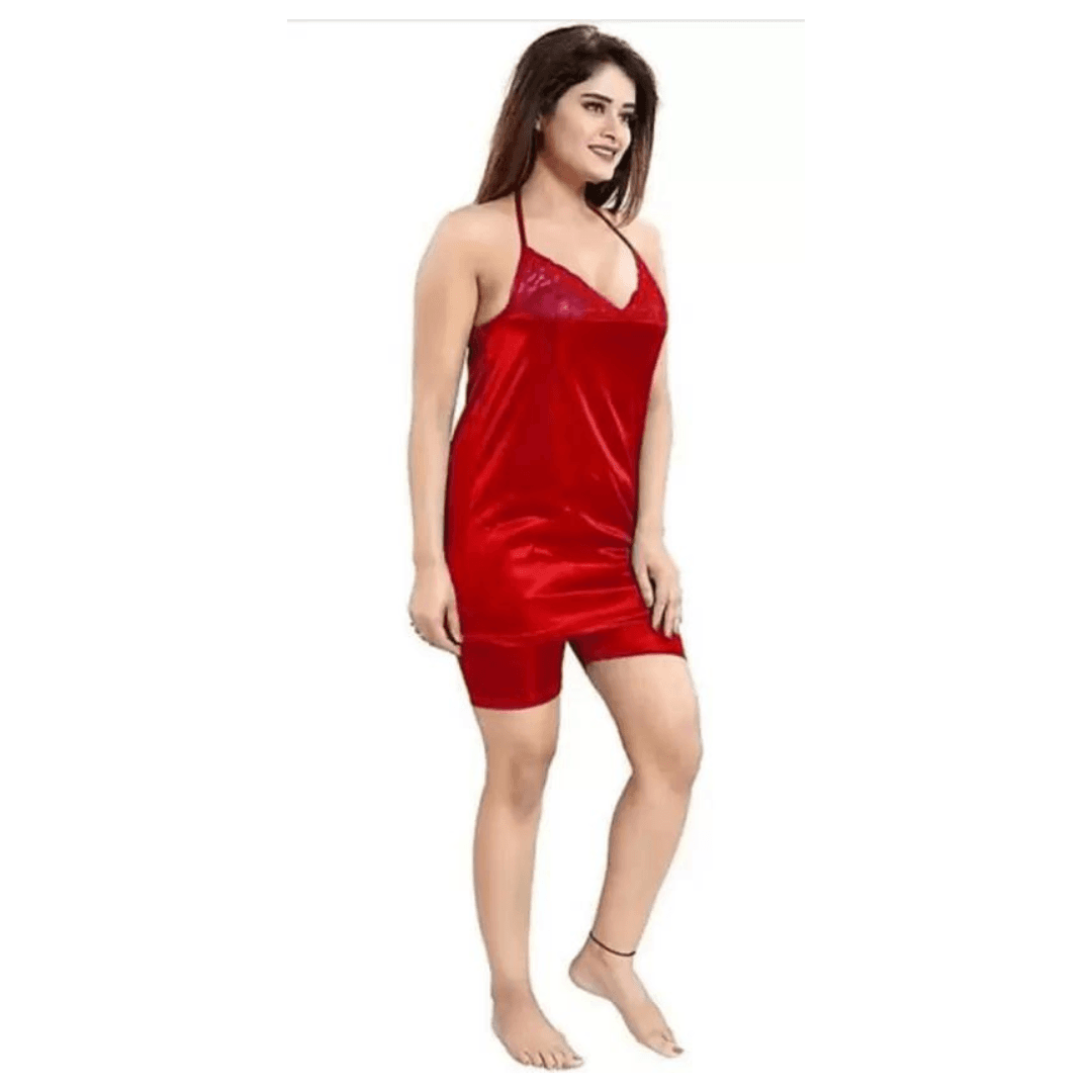 Silk Bridal Nightgown Set Stylish Fancy Bridal Nighty Set For Women Free Size Red Color (4set) 1