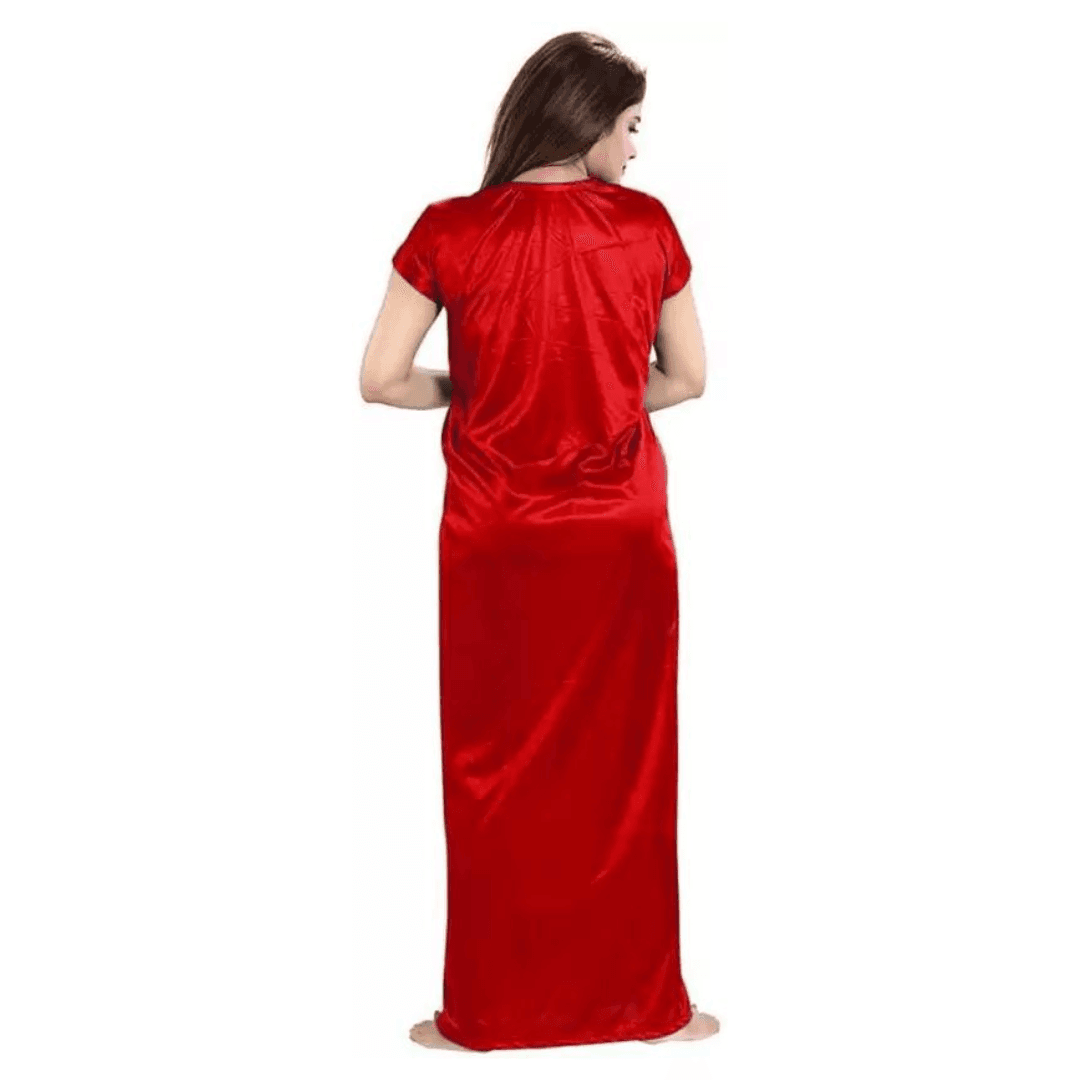 Silk Bridal Nightgown Set Stylish Fancy Bridal Nighty Set For Women Free Size Red Color (4set) 3