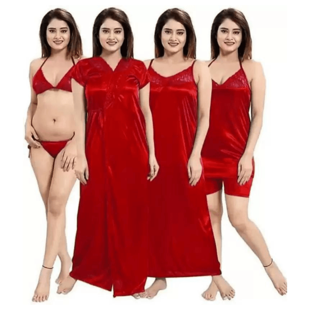 Silk Bridal Nightgown Set Stylish Fancy Bridal Nighty Set For Women Free Size Red Color (4set)
