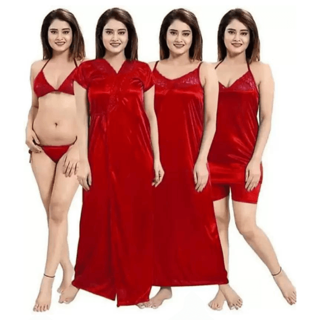 Silk Bridal Nightgown Set Stylish Fancy Bridal Nighty Set For Women Free Size Red Color (4set)