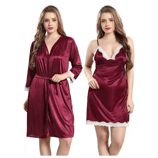 Silk Bridal Nightgown Set Stylish Fancy Bridal Nighty Set For Women Free Size Maroon Color