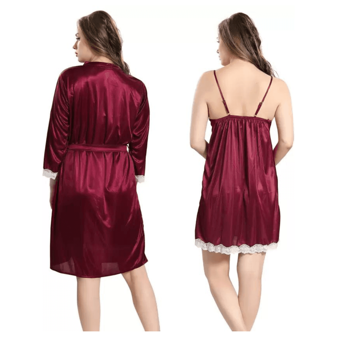 Silk Bridal Nightgown Set Stylish Fancy Bridal Nighty Set For Women Free Size Maroon Color 1