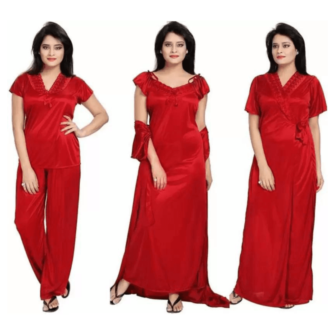 Silk Bridal Nightgown Set Stylish Fancy Bridal Nighty Set For Women Free Size Red Color(3set)