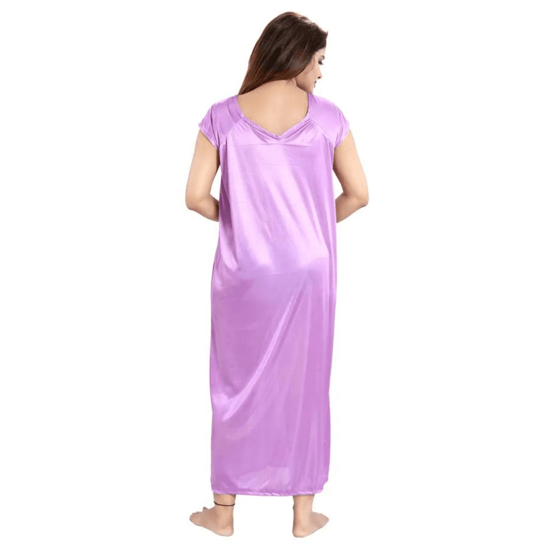 Silk Bridal Nightgown Set Stylish Fancy Bridal Nighty Set For Women Free Size Lavender Color (4 set) 5