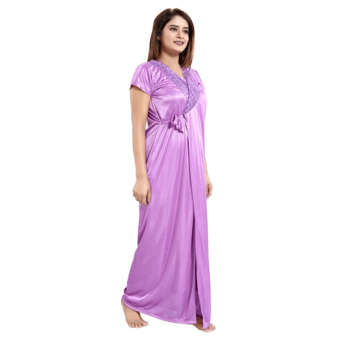 Silk Bridal Nightgown Set Stylish Fancy Bridal Nighty Set For Women Free Size Lavender Color (4 set) 1
