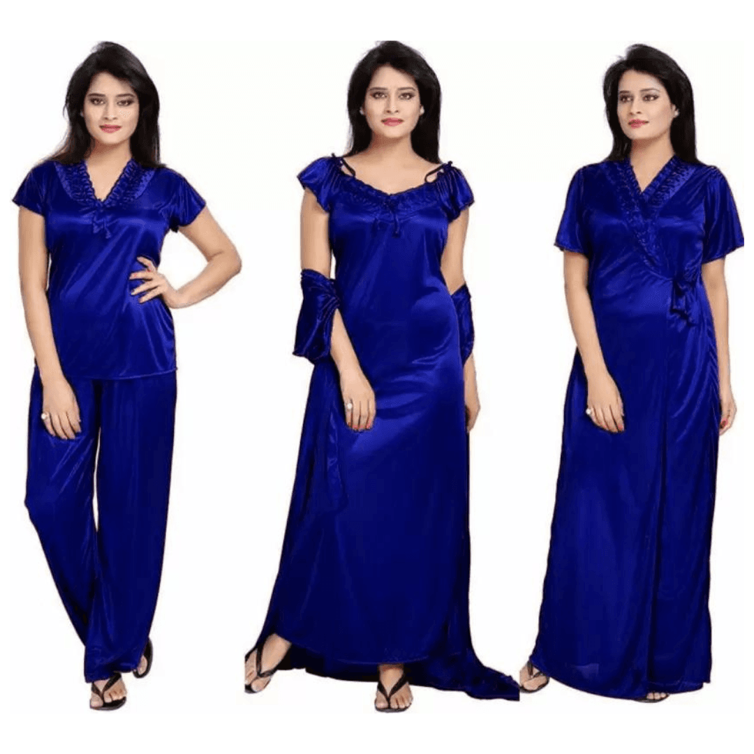 Silk Bridal Nightgown Set Stylish Fancy Bridal Nighty Set For Women Free Size Dark Blue Color (3 set)