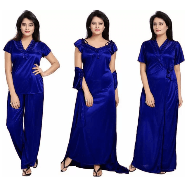 Silk Bridal Nightgown Set Stylish Fancy Bridal Nighty Set For Women Free Size Dark Blue Color (3 set)