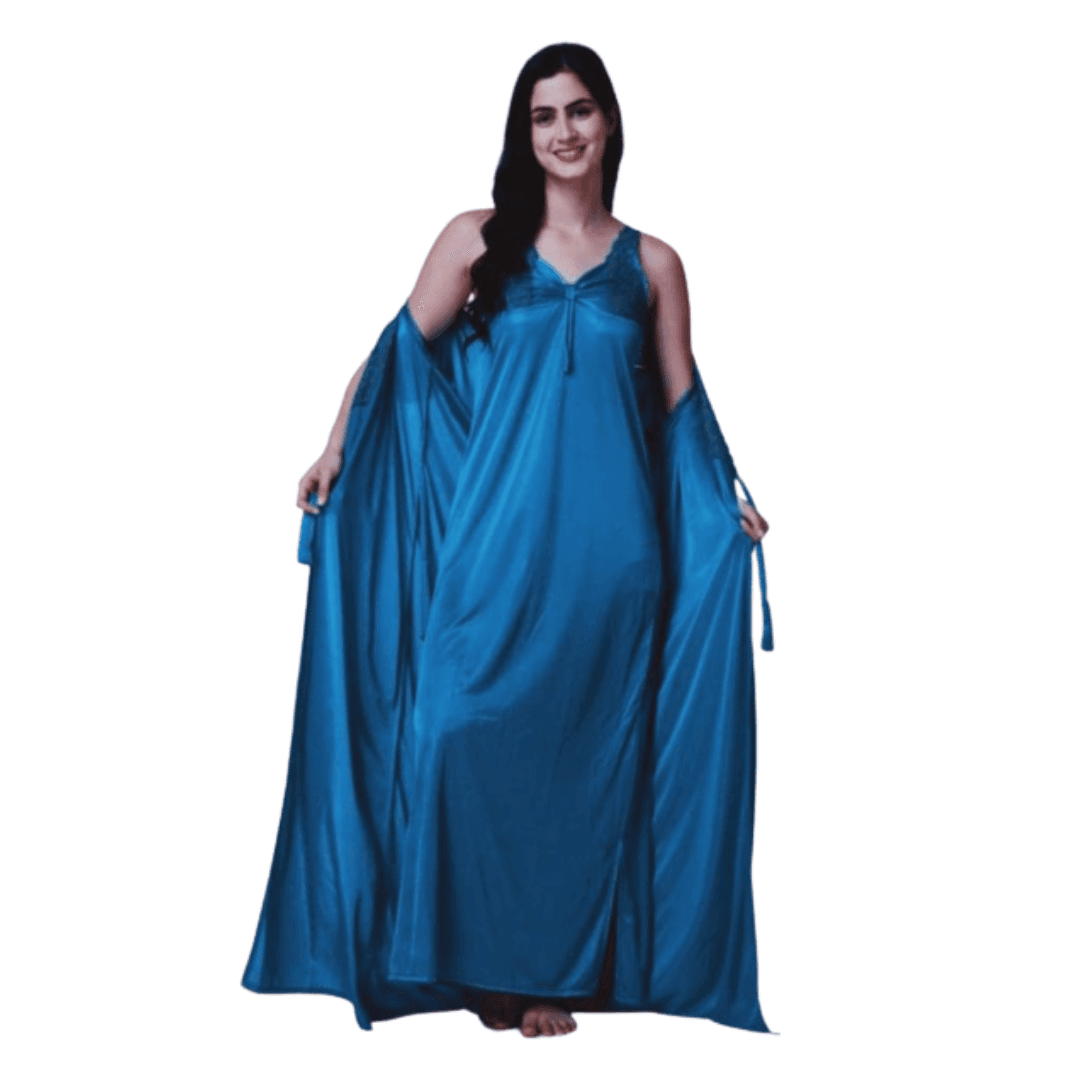 Silk Bridal Nightgown Set Stylish Fancy Bridal Nighty Set For Women Free Size Light Blue Color (3 set) 2
