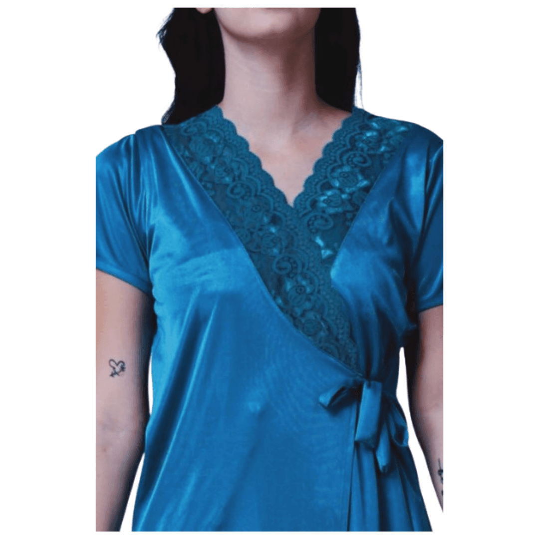 Silk Bridal Nightgown Set Stylish Fancy Bridal Nighty Set For Women Free Size Light Blue Color (3 set) 3