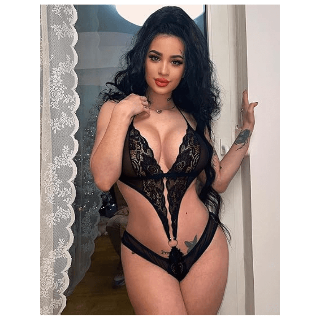 Women Deep V Lingerie Lace Teddy One Piece Babydoll Mini Bodysuit  Free Size Black Color 1