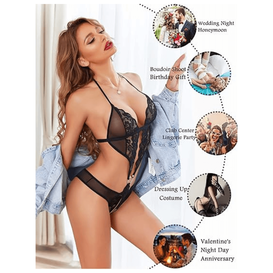 Women Deep V Lingerie Lace Teddy One Piece Babydoll Mini Bodysuit  Free Size Black Color 2