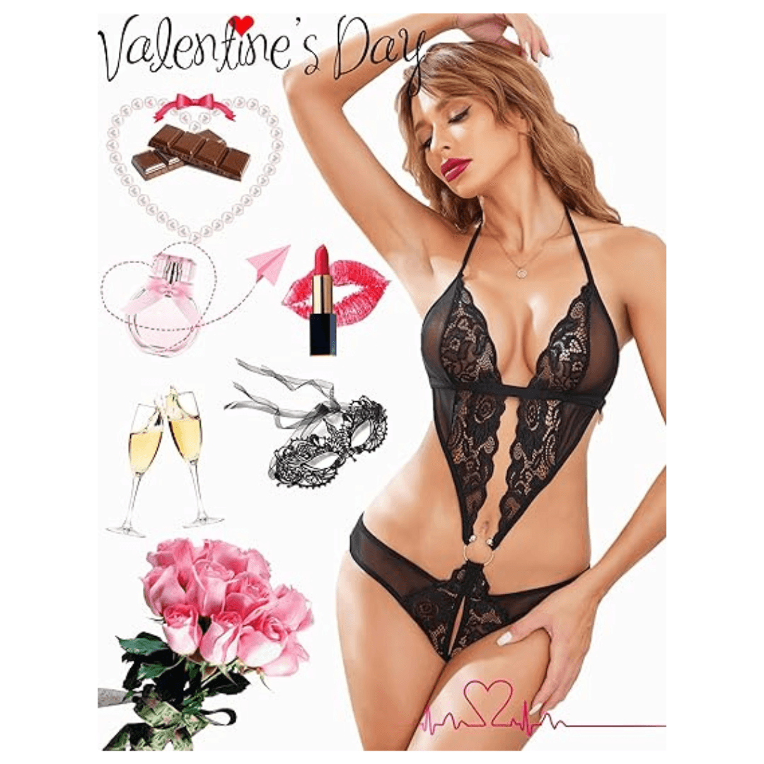 Women Deep V Lingerie Lace Teddy One Piece Babydoll Mini Bodysuit  Free Size Black Color 3