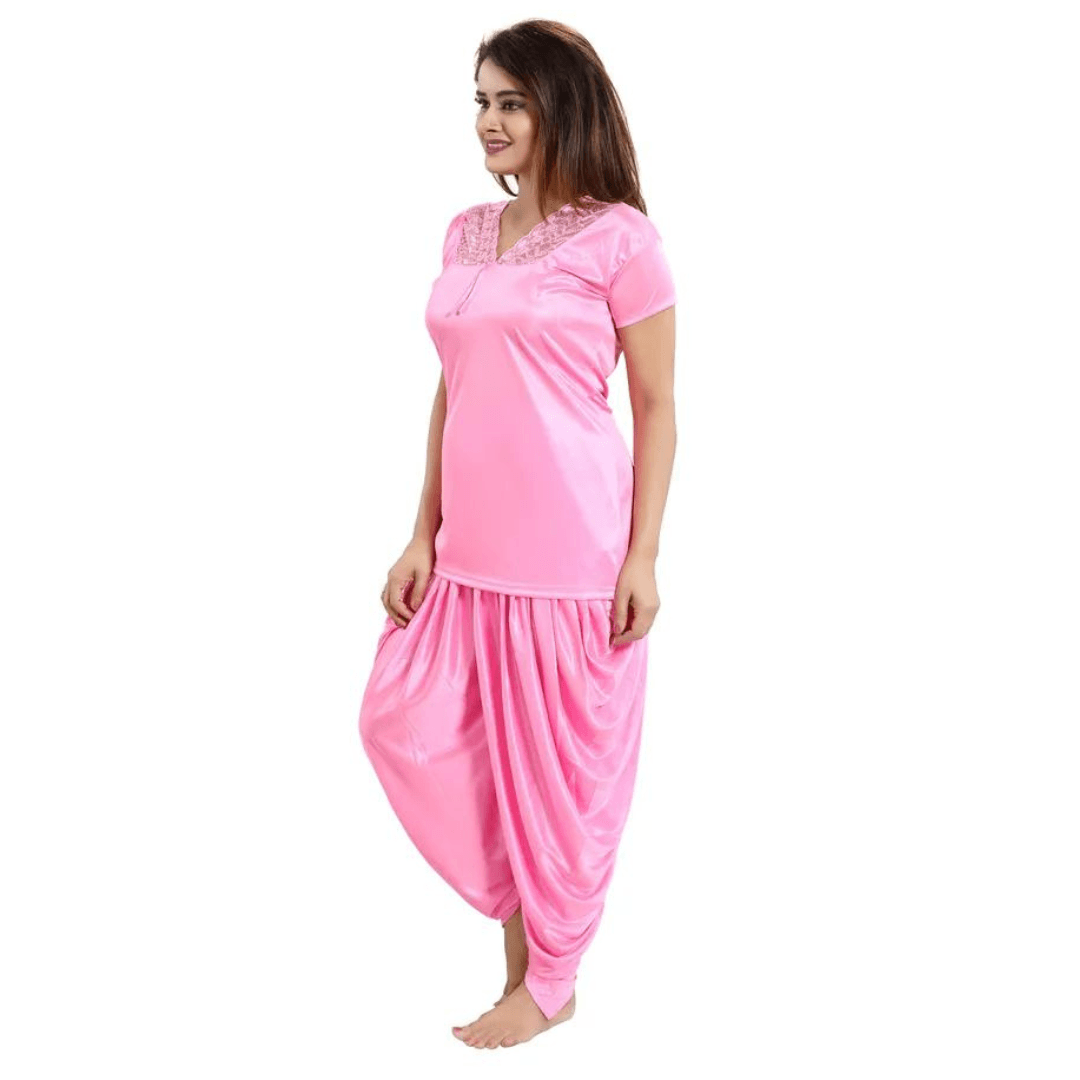 Silk Bridal Nightgown Dhoti  Set Stylish Fancy Bridal Nighty Set For Women Free Size Blush Pink Color (4 set) 3