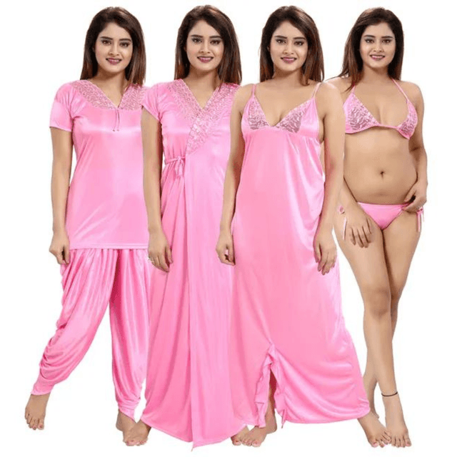 Silk Bridal Nightgown Dhoti  Set Stylish Fancy Bridal Nighty Set For Women Free Size Blush Pink Color (4 set)