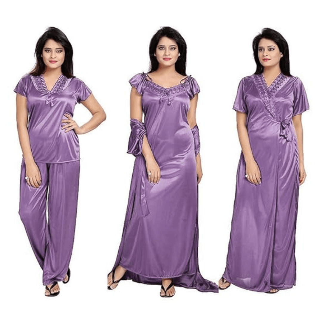 Silk Bridal Nightgown Set Stylish Fancy Bridal Nighty Set For Women Free Size Lavender Color (3 set)