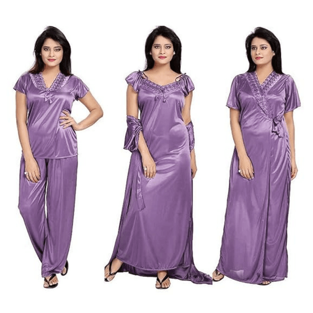Silk Bridal Nightgown Set Stylish Fancy Bridal Nighty Set For Women Free Size Lavender Color (3 set)