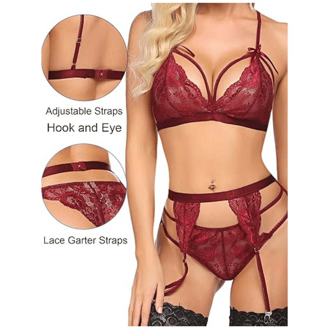 Women Lingerie Set Lace Teddy Strap Babydoll Bodysuit with Garter Belts  Free Size Maroon Color(No Stocking) 2