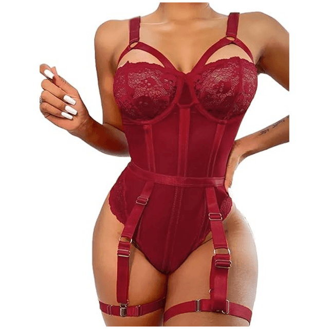Lingerie Sets for Women Lace Skull Corset with Garter Belt One Piece Teddy Bodysuit Free Size Maroon Color