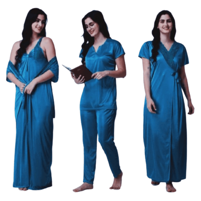 Silk Bridal Nightgown Set Stylish Fancy Bridal Nighty Set For Women Free Size Light Blue Color (3 set)