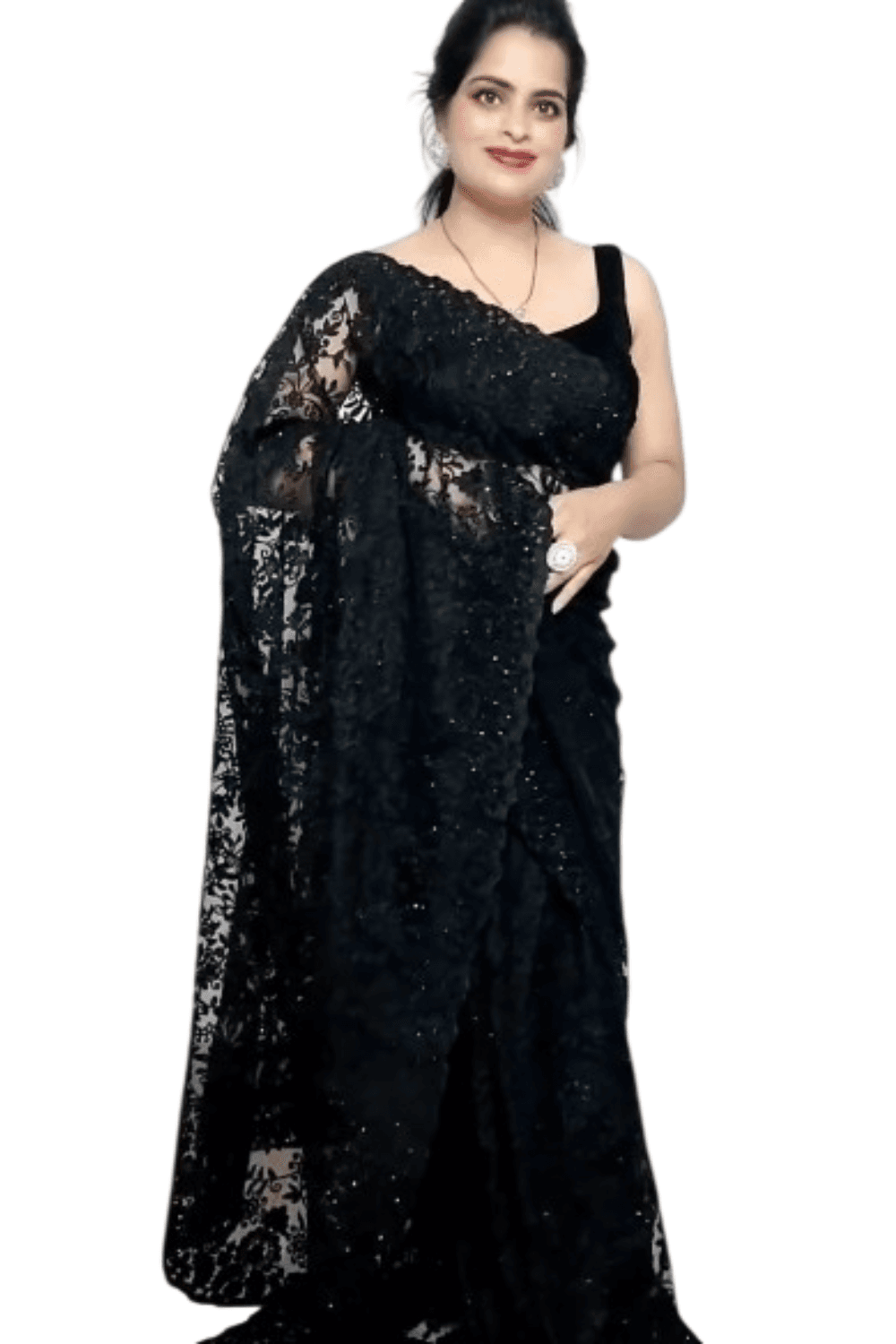 Black Saree Black Self Design Bollywood Net Saree with Blouse