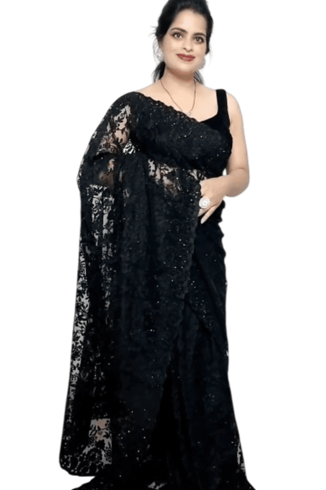 Black Saree Black Self Design Bollywood Net Saree with Blouse